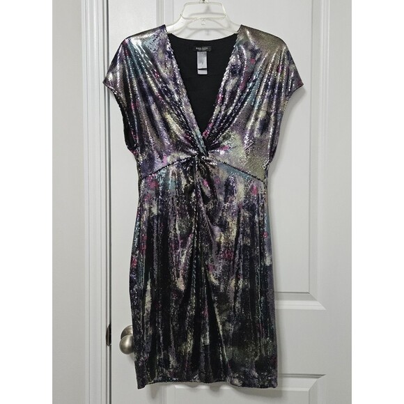 Bisou Bisou Michele Bohbot Multicolor Sequin Dress Women's 8 V-Neck Knot Waist - Picture 1 of 12